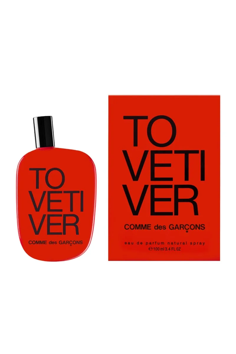 Flacon et boîte rouge de parfum Comme des Garçons To Vetiver.
