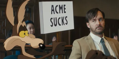 Un coyote avec un panneau 'ACME SUCKS' et un homme dans un tribunal.