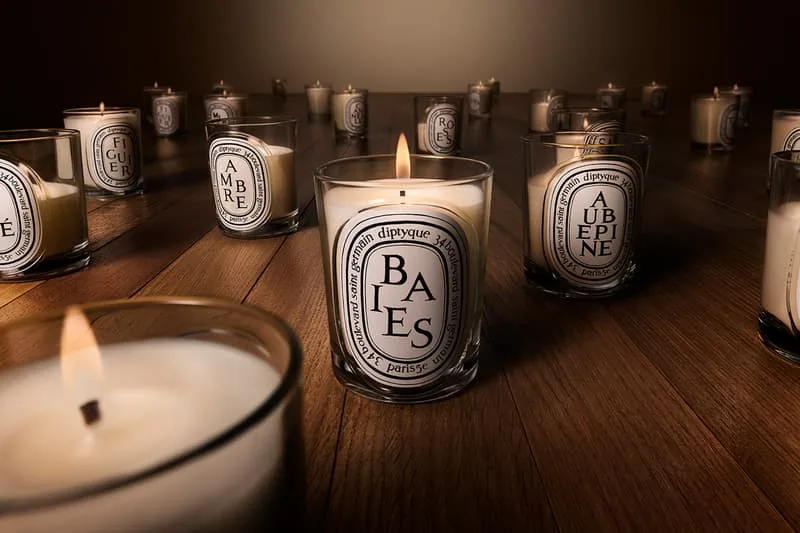 Bougies parfumées alignées sur un sol en bois, ambiance chaleureuse.
