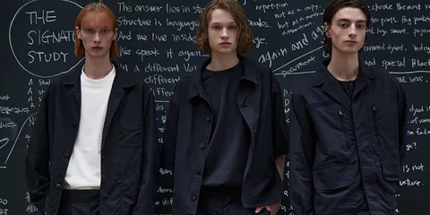 Trois mannequins posant devant un tableau noir avec des écritures blanches.