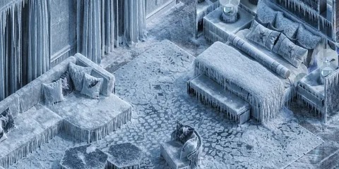 Chambre couverte de glace avec meubles, tapis et rideaux givrés.