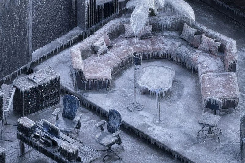Intérieur gelé avec meubles et appareils recouverts de glace et de neige.