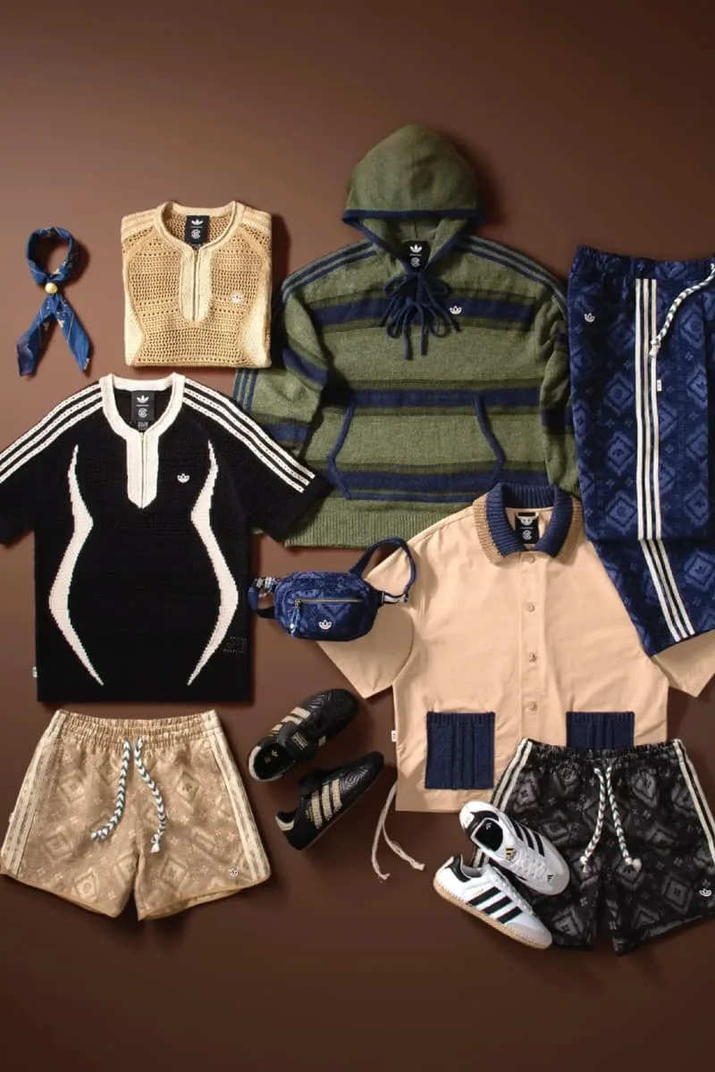 Collection de vêtements et accessoires colorés avec motif Adidas.