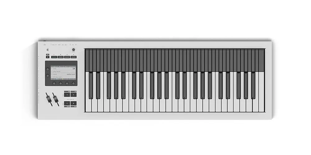 Synthétiseur avec clavier et écran de contrôle numérique, vue de dessus