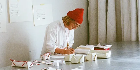 Personne avec bonnet rouge travaillant à une table, entourée de croquis et prototypes.