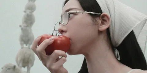 Femme avec lunettes croque une tomate, fond blanc.