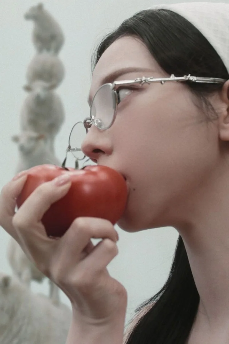 Femme avec lunettes mange une tomate rouge.