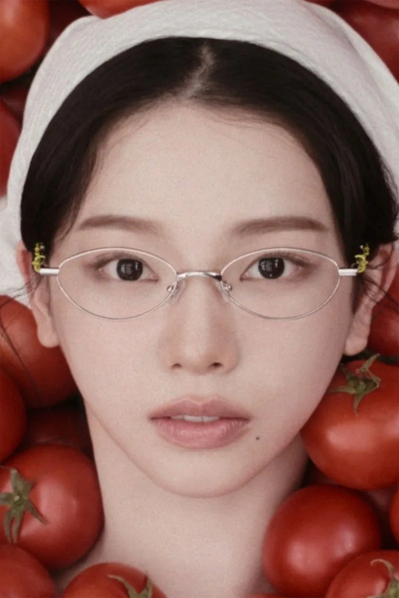 Femme portant des lunettes, entourée de tomates.