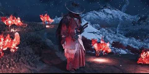 Samouraï avec des renards lumineux sur fond de montagne enneigée, nuit étoilée.