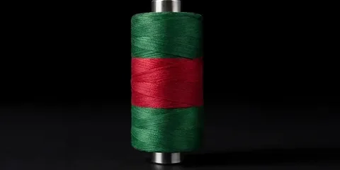 Bobine de fil vert et rouge sur fond noir.