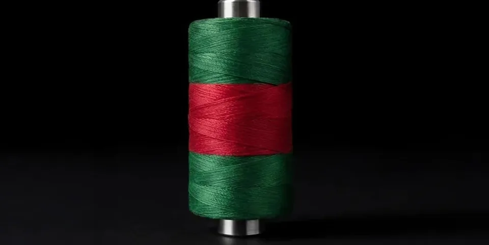 Bobine de fil vert et rouge sur fond noir.