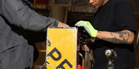 Deux personnes travaillant sur une pièce métallique avec des outils.