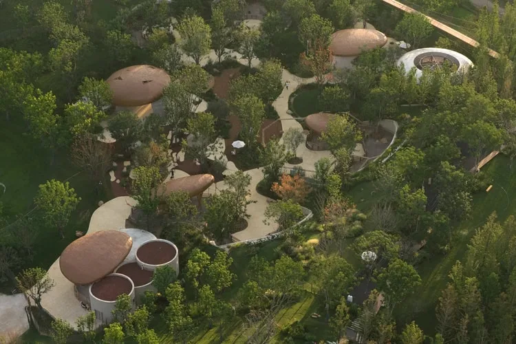 Vue aérienne d'un parc avec structures en forme de dôme entourées d'arbres.