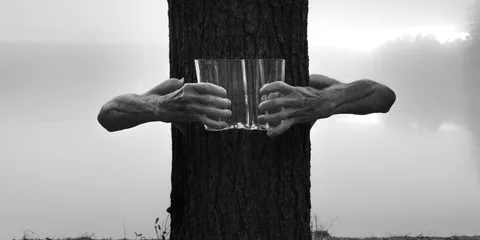 Bras enlaçant un arbre tenant des vases transparents sur un fond brumeux.