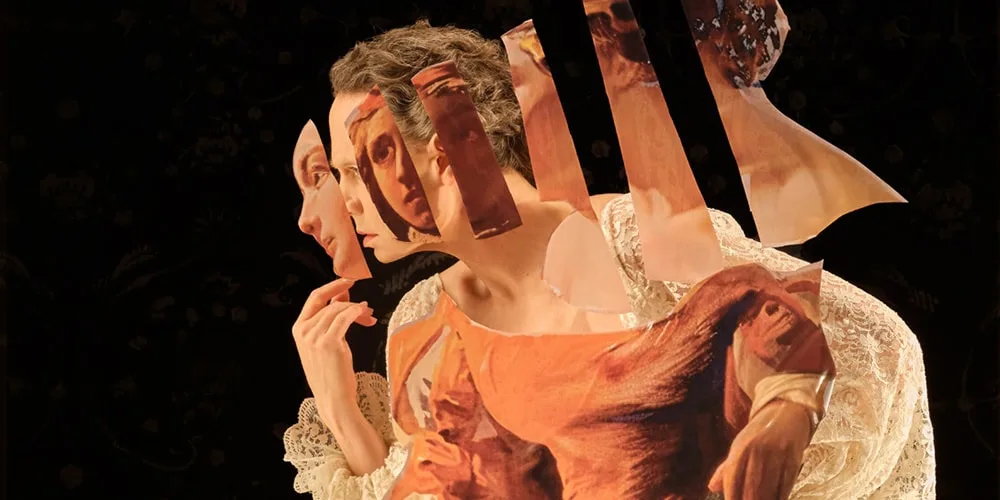 Collage artistique de visage et fond sombre.