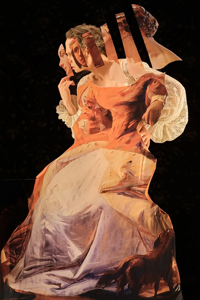Collage artistique d'une femme en robe avec un chien, fond noir.