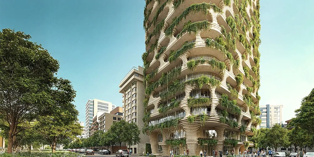 Immeuble écologique avec végétation sur la façade à plusieurs niveaux.