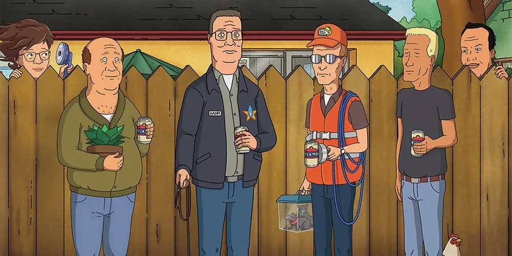 Personnages animés discutant devant une clôture avec des boissons.