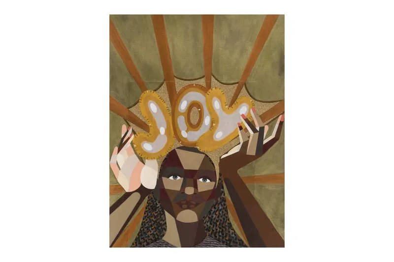 Illustration d'une femme tenant le mot 'Joy' avec des motifs abstraits.