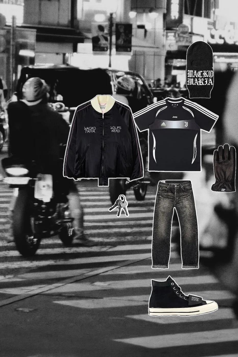 Vêtements et accessoires sur fond urbain la nuit, style moderne et décontracté.