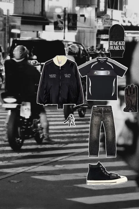 Vêtements et accessoires sur fond urbain la nuit, style moderne et décontracté.