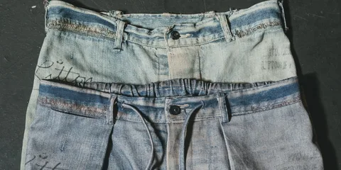 Deux jeans superposés avec des motifs usés visibles.