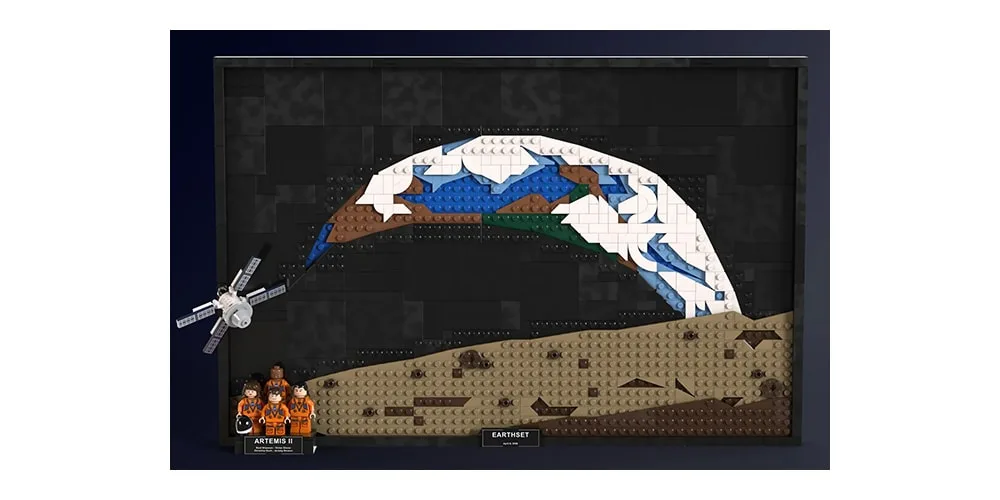 Image LEGO illustrant astronautes et planète Terre avec satellite.