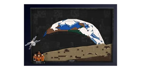 Image LEGO illustrant astronautes et planète Terre avec satellite.