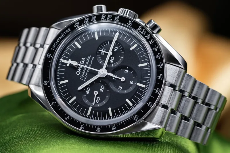Montre-bracelet Omega Speedmaster sur fond vert.