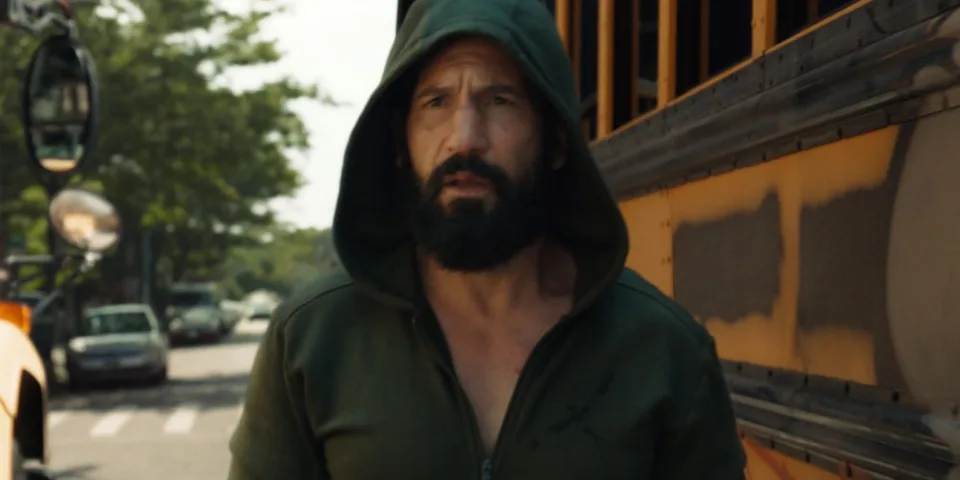 Homme barbu en sweat à capuche devant un bus scolaire jaune.