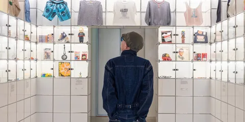 Personne regardant une vitrine d'objets divers exposés.