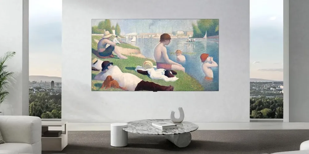 Tableau de personnes se relaxant au bord de l'eau dans une pièce moderne.