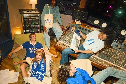 Groupe de jeunes dans un studio d'enregistrement avec des consoles audio.