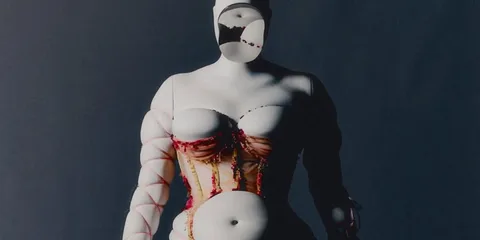 Mannequin avec corset et bras articulés décoratifs.