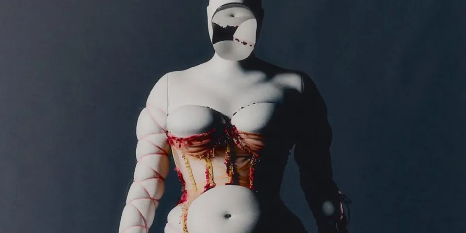 Mannequin avec corset et bras articulés décoratifs.