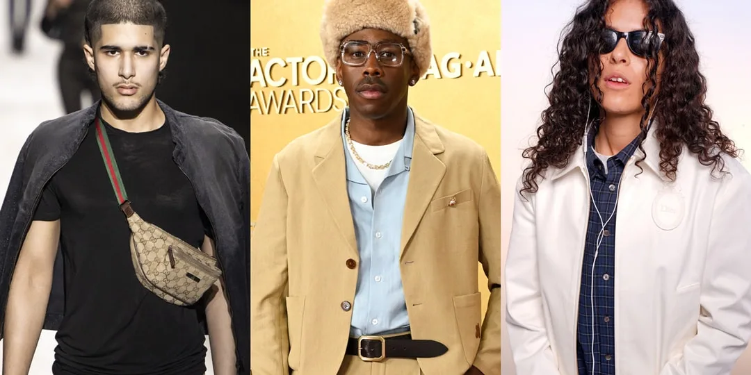 Trois personnes posent avec des vêtements de mode variés.