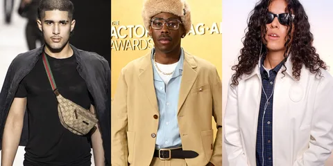 Trois personnes posent avec des vêtements de mode variés.