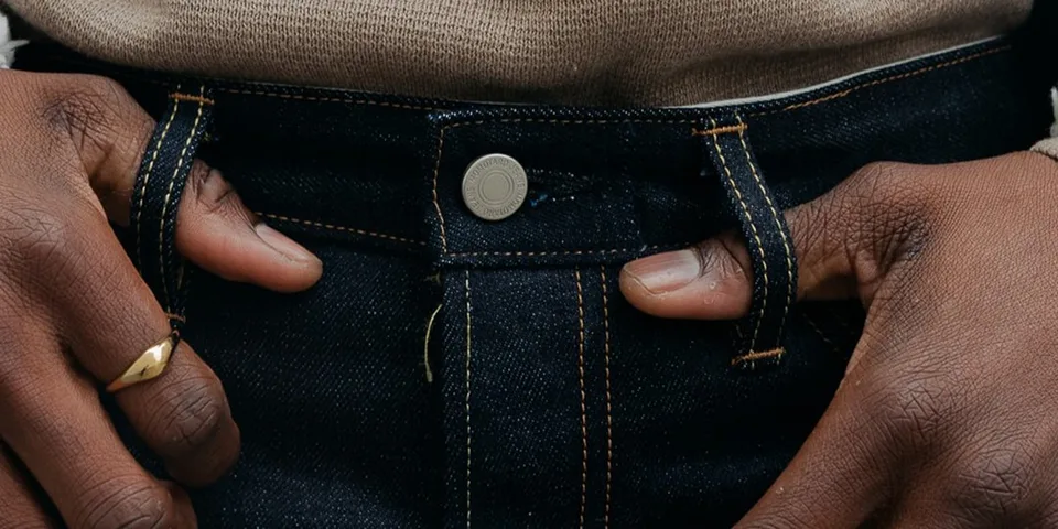 Gros plan sur un jean avec une ceinture et un pull beige.