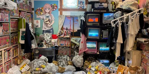 Chambre encombrée avec figurines, affiches et écrans.