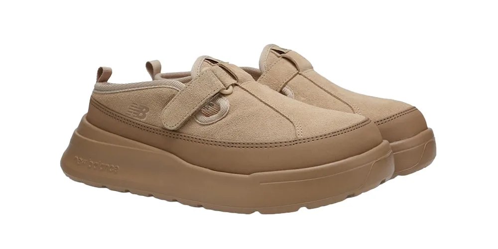 Chaussures marron New Balance avec semelles épaisses.