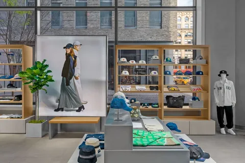 Boutique moderne avec vêtements et accessoires élégants.