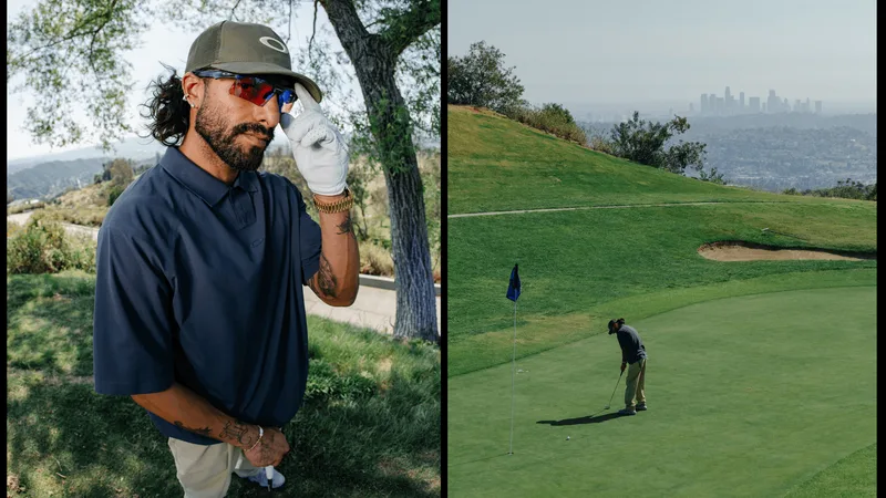 Homme jouant au golf avec vue sur la ville en arrière-plan.
