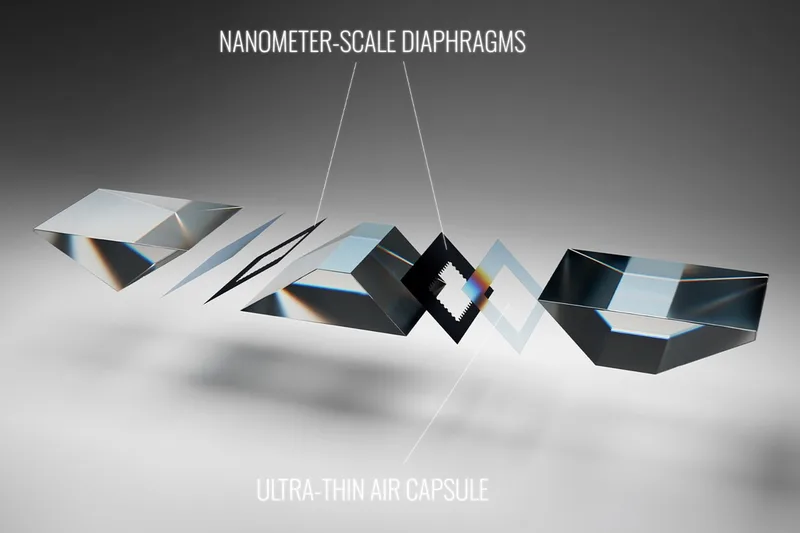 Diagramme de diaphragmes nanométriques et capsule d'air ultra-mince.