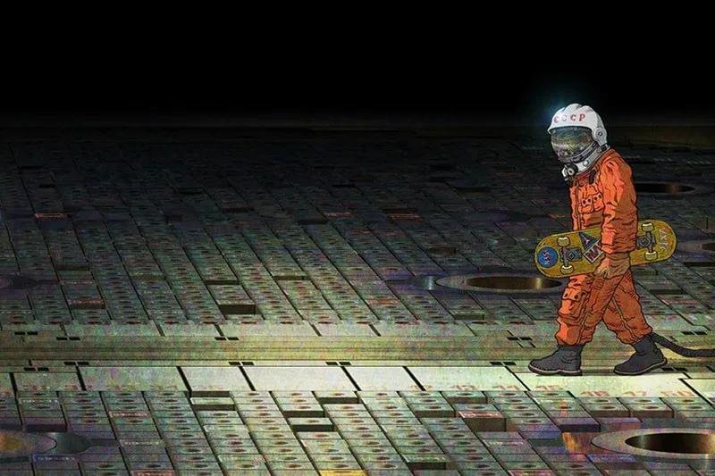 Astronaute avec skateboard marche sur une surface métallique.