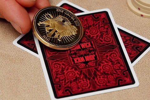 Main tenant une pièce sur deux cartes à jouer rouges, texte 'John Wick' visible