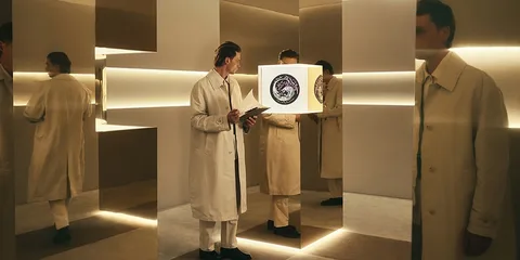 Homme en blanc tenant un livre dans une salle de miroirs modernes.