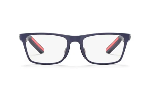 Lunettes avec monture noire et branches rouges.