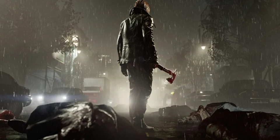 Homme sous la pluie avec un manteau de cuir et une hache, cadavres autour