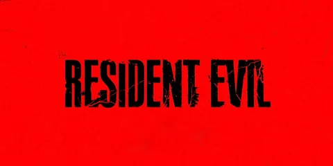 Texte noir 'RESIDENT EVIL' sur fond rouge.