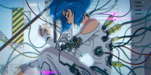 Cyborg féminin avec cheveux bleus dans un laboratoire futuriste, connectée à des câbles.
